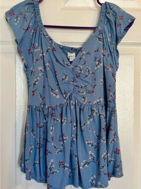 Japna Blue Floral Babydoll Top Smocked Back Ruffle Sleeve Boho Medium